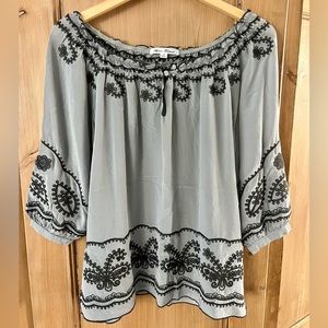 Anthropologie Blue Tassel Tunic Gray Silk Embroidered Small
